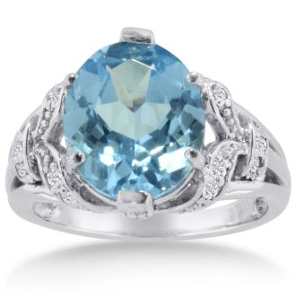 6ct Oval Blue Topaz and Diamond Ring Crafted In Solid 14K White Gold