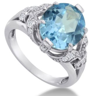 6ct Oval Blue Topaz and Diamond Ring Crafted In Solid 14K White Gold