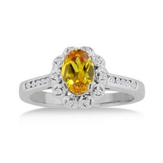 1 1/4ct Oval Citrine and Diamond Ring In Solid 14K White Gold