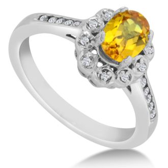 1 1/4ct Oval Citrine and Diamond Ring In Solid 14K White Gold