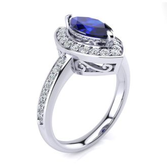 1 Carat Marquise Blue Sapphire and Diamond Ring In 14 Karat White Gold