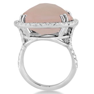 19ct Round Rose Quartz and Diamond Ring Crafted In Solid 14K White Gold