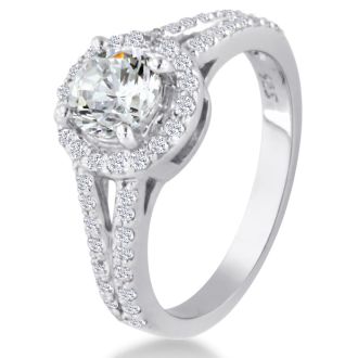 1ct Round Diamond Halo Engagement Ring Crafted In Solid 14K White Gold