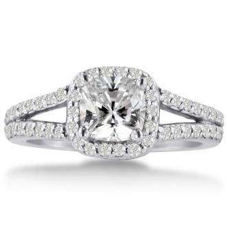 1ct Cushion Cut Diamond Halo Engagement Ring Crafted In Solid 14K White Gold