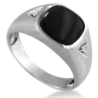 Cabochon Black Onyx and Diamond Men's Ring Crafted In Solid White Gold