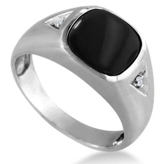 Cabochon Black Onyx and Diamond Men's Ring Crafted In Solid 14K White Gold