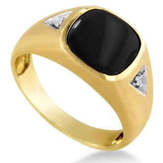 Cabochon Black Onyx and Diamond Men's Ring Crafted In Solid 14K Yellow Gold
