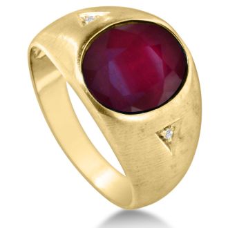 4 1/2ct Oval Created Ruby and Diamond Men's Ring Crafted In Solid Yellow Gold