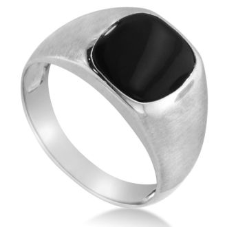 Cushion Cut Black Onyx Men's Ring Crafted In Solid 14K White Gold