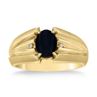 Oval Black Onyx and Diamond Men's Ring Crafted In Solid 14K Yellow Gold