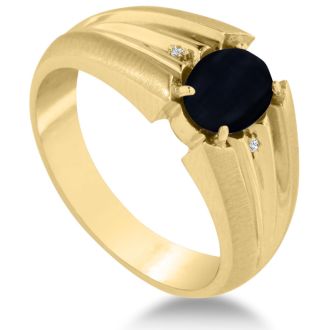 Oval Black Onyx and Diamond Men's Ring Crafted In Solid 14K Yellow Gold