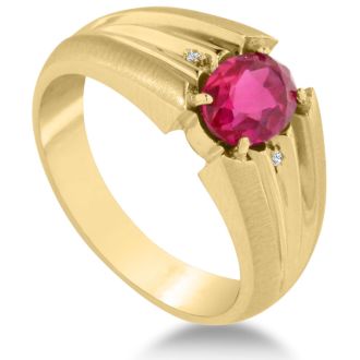 1 1/2ct Oval Created Ruby and Diamond Men's Ring Crafted In Solid Yellow Gold