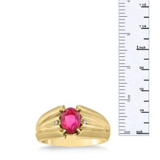 1 1/2ct Oval Created Ruby and Diamond Men's Ring Crafted In Solid Yellow Gold