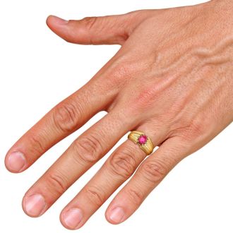 1 1/2ct Oval Created Ruby and Diamond Men's Ring Crafted In Solid Yellow Gold