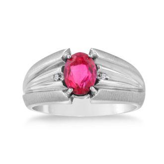 1 1/2ct Oval Created Ruby and Diamond Men's Ring Crafted In Solid 14K White Gold