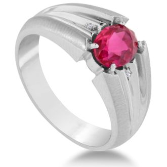 1 1/2ct Oval Created Ruby and Diamond Men's Ring Crafted In Solid 14K White Gold