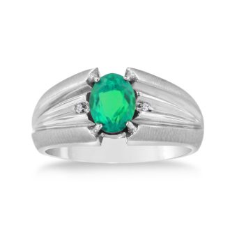 1 1/2ct Oval Created Emerald and Diamond Men's Ring Crafted In Solid White Gold