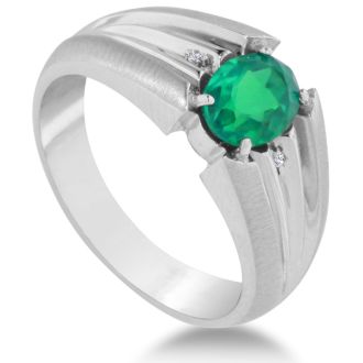 1 1/2ct Oval Created Emerald and Diamond Men's Ring Crafted In Solid White Gold