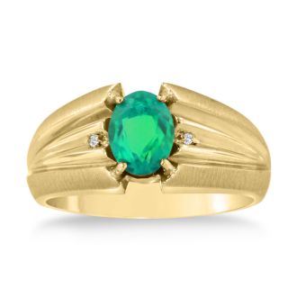 1 1/2ct Oval Created Emerald and Diamond Men's Ring Crafted In Solid 14K Yellow Gold