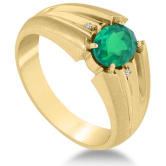1 1/2ct Oval Created Emerald and Diamond Men's Ring Crafted In Solid 14K Yellow Gold
