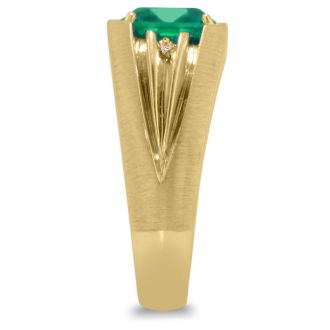 1 1/2ct Oval Created Emerald and Diamond Men's Ring Crafted In Solid 14K Yellow Gold