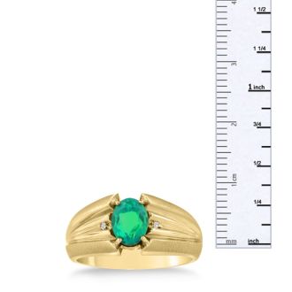 1 1/2ct Oval Created Emerald and Diamond Men's Ring Crafted In Solid 14K Yellow Gold