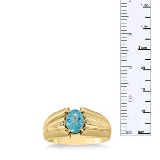 1 1/2ct Oval Blue Topaz and Diamond Men's Ring Crafted In Solid Yellow Gold