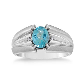 1 1/2ct Oval Blue Topaz and Diamond Men's Ring Crafted In Solid 14K White Gold