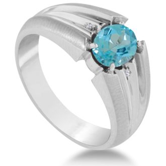 1 1/2ct Oval Blue Topaz and Diamond Men's Ring Crafted In Solid 14K White Gold
