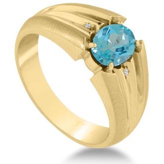1 1/2ct Oval Blue Topaz and Diamond Men's Ring Crafted In Solid 14K Yellow Gold