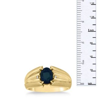 1 1/2ct Oval Created Sapphire and Diamond Men's Ring Crafted In Solid Yellow Gold
