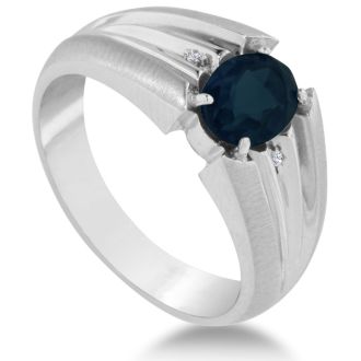 1 1/2ct Oval Created Sapphire and Diamond Men's Ring Crafted In Solid 14K White Gold
