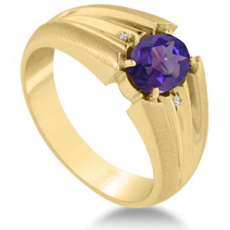 1 1/2ct Oval Amethyst and Diamond Men's Ring Crafted In Solid Yellow Gold