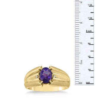 1 1/2ct Oval Amethyst and Diamond Men's Ring Crafted In Solid Yellow Gold