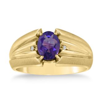 1 1/2ct Oval Amethyst and Diamond Men's Ring Crafted In Solid 14K Yellow Gold