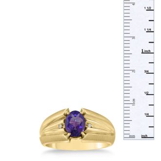 1 1/2ct Oval Amethyst and Diamond Men's Ring Crafted In Solid 14K Yellow Gold