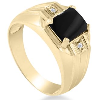 Black Onyx and Diamond Men's Ring Crafted In Solid Yellow Gold
