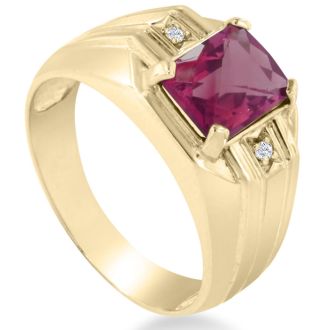 2 1/4ct Created Ruby and Diamond Men's Ring Crafted In Solid Yellow Gold