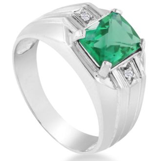 2 1/4ct Created Emerald and Diamond Men's Ring Crafted In Solid 14K White Gold
