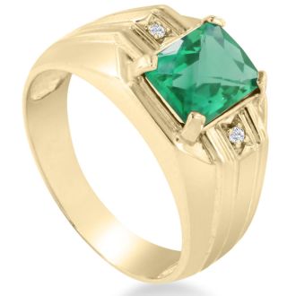 2 1/4ct Created Emerald and Diamond Men's Ring Crafted In Solid 14K Yellow Gold
