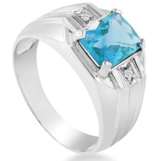 2 1/4ct Blue Topaz and Diamond Men's Ring Crafted In Solid White Gold
