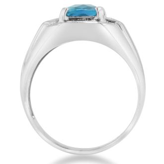2 1/4ct Blue Topaz and Diamond Men's Ring Crafted In Solid White Gold