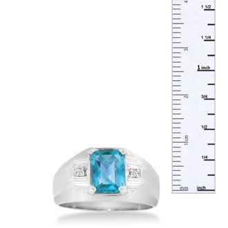 2 1/4ct Blue Topaz and Diamond Men's Ring Crafted In Solid 14K White Gold