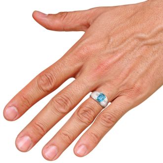 2 1/4ct Blue Topaz and Diamond Men's Ring Crafted In Solid 14K White Gold