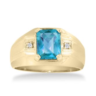 2 1/4ct Blue Topaz and Diamond Men's Ring Crafted In Solid 14K Yellow Gold