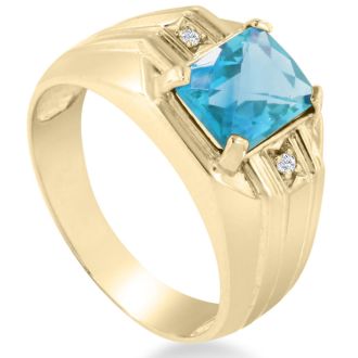 2 1/4ct Blue Topaz and Diamond Men's Ring Crafted In Solid 14K Yellow Gold