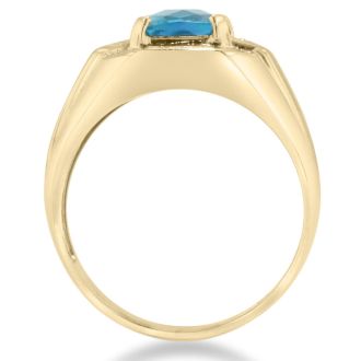 2 1/4ct Blue Topaz and Diamond Men's Ring Crafted In Solid 14K Yellow Gold