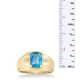 2 1/4ct Blue Topaz and Diamond Men's Ring Crafted In Solid 14K Yellow Gold