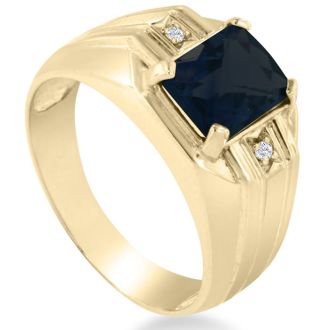2 1/4ct Created Sapphire and Diamond Men's Ring Crafted In Solid 14K Yellow Gold

