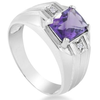 2 1/4ct Amethyst and Diamond Men's Ring Crafted In Solid 14K White Gold